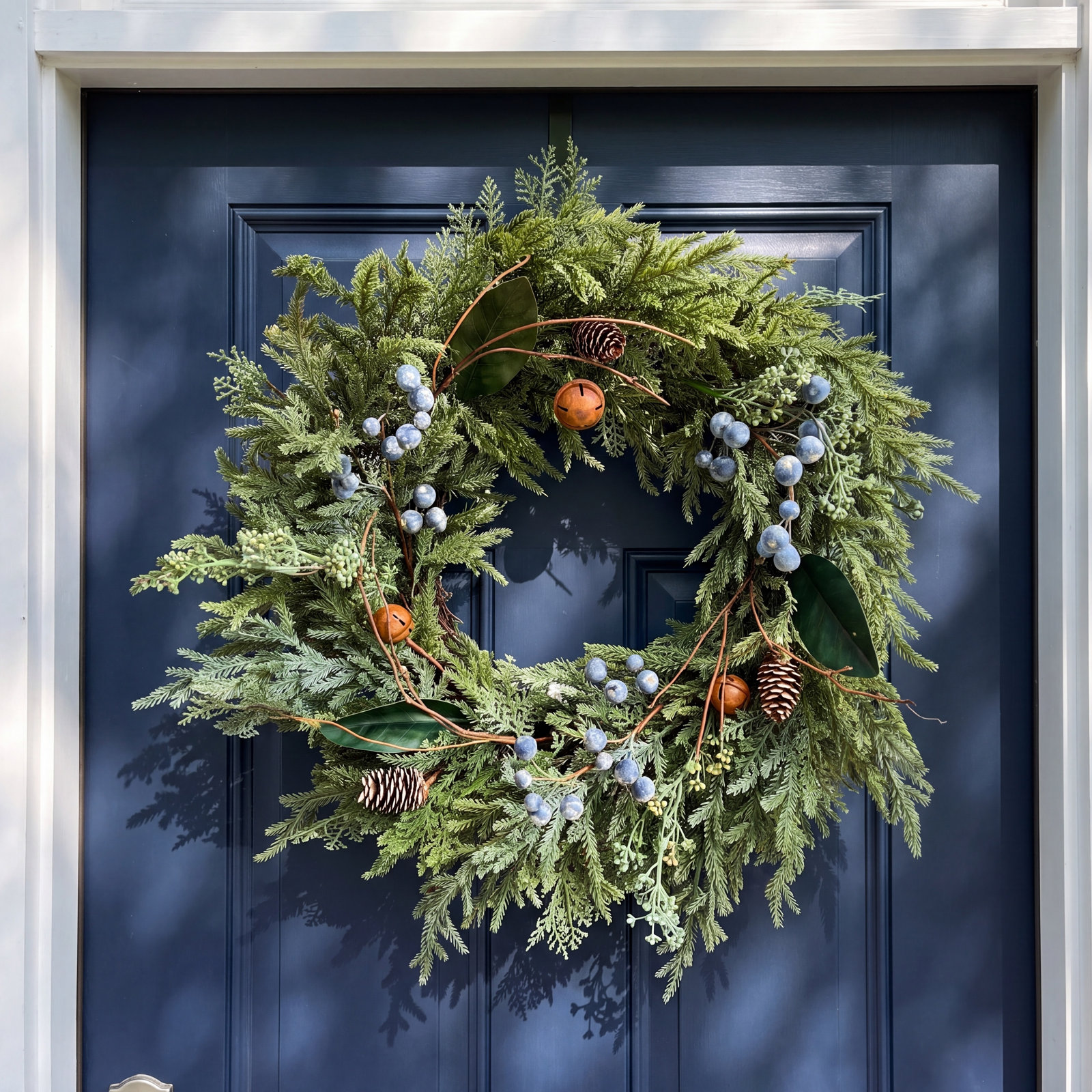 24" Real Touch Artificial Farmhouse Greenery Pine Pinecones Blueberries Brass Bells Front Door Wreath Winter Christmas Decor