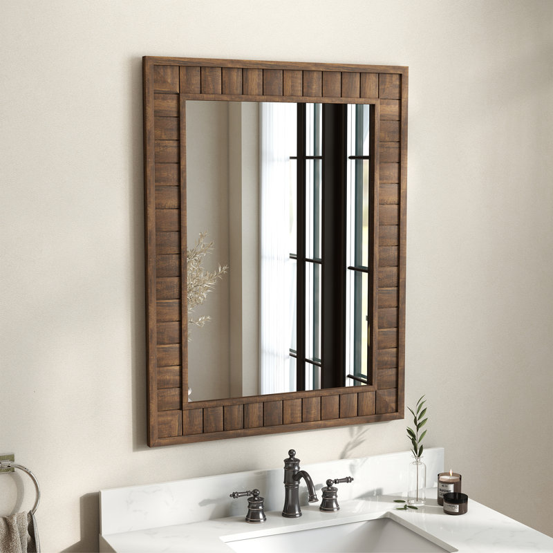 Rustic Farmhouse Rectangular Wall Mirror – Waterproof Accent Mirror For Bathroom & Entryway, Dark Brown Wood