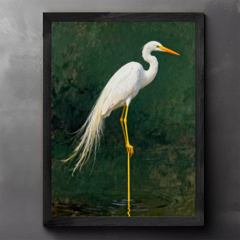 Aigrette blanche rétro encadrée noire - élégance et beauté naturelle, impressions murales de style rétro, H 17 po x l 13 po