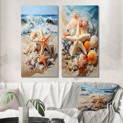 Starfish On The Beach II - Coastal Tropical Metal Wall Art Prints Set Of 2