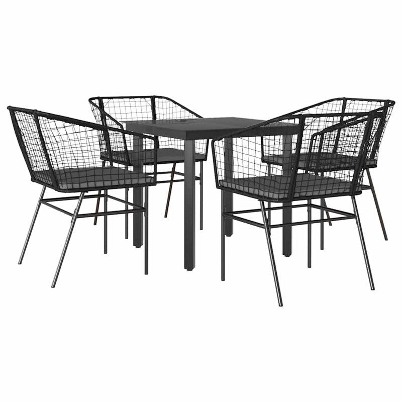 Ensemble repas de patio avec coussins en verre et poly rotin, Noir / Noir, H 29,1 po x l 31,5 po x L 31,5 po, 4