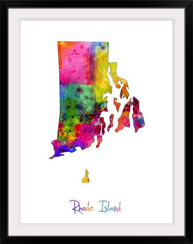 Francy «Rhode Island Watercolor Map» par Abarca, impression, Cadre noir, H 32 po x l 26 po x P 1 po