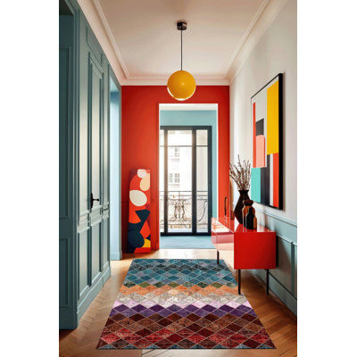 Multi Color Geometric Piece Pattern Modern Decorative Machine Washable Area Rug