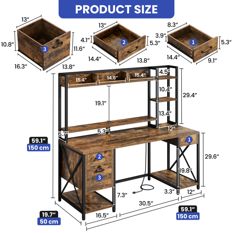 Labinot Metal Base Computer Desk with Power Outlet, Brown
