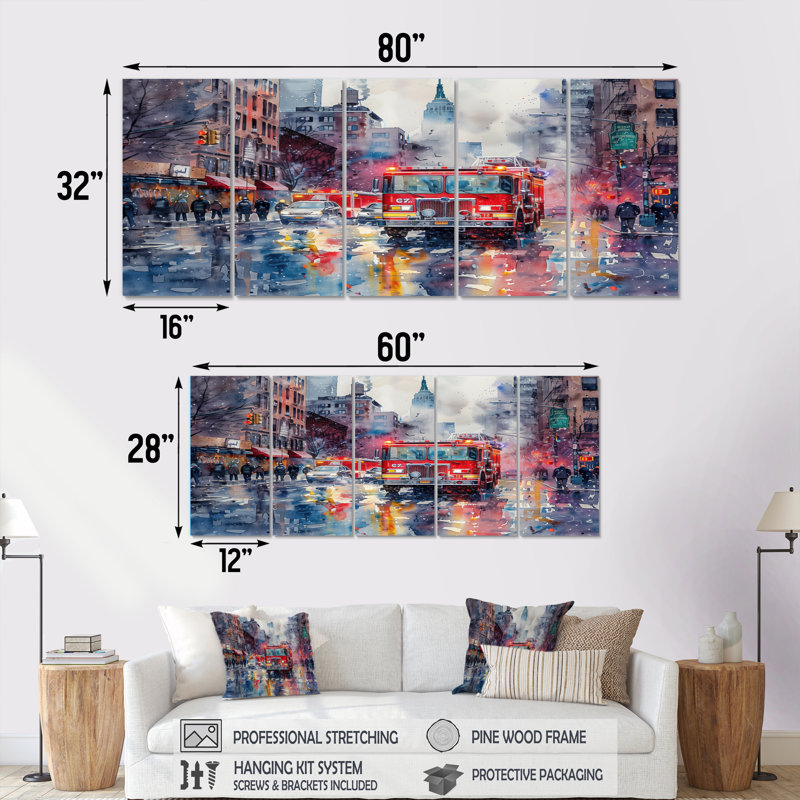 «Red Fire Truck In New York II - Fireman», ensemble d'art sur toile, H 32 po x l 80 po