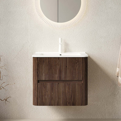 Meuble-lavabo mural flottant avec lavabo en céramique et deux tiroirs