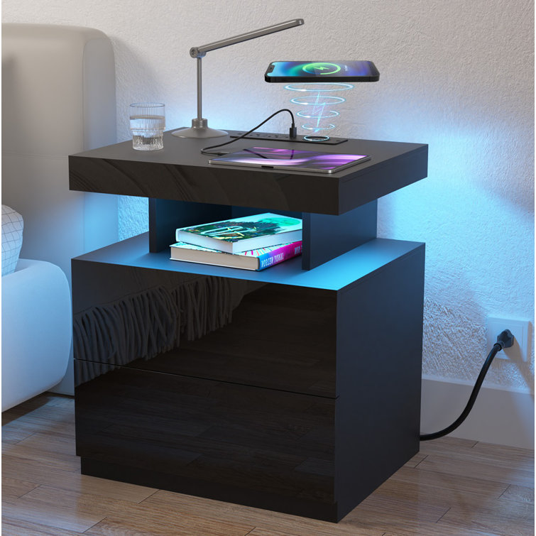 Ede Manufactured Wood Nightstand with Wireless Charging Station, LED Light and Drawers