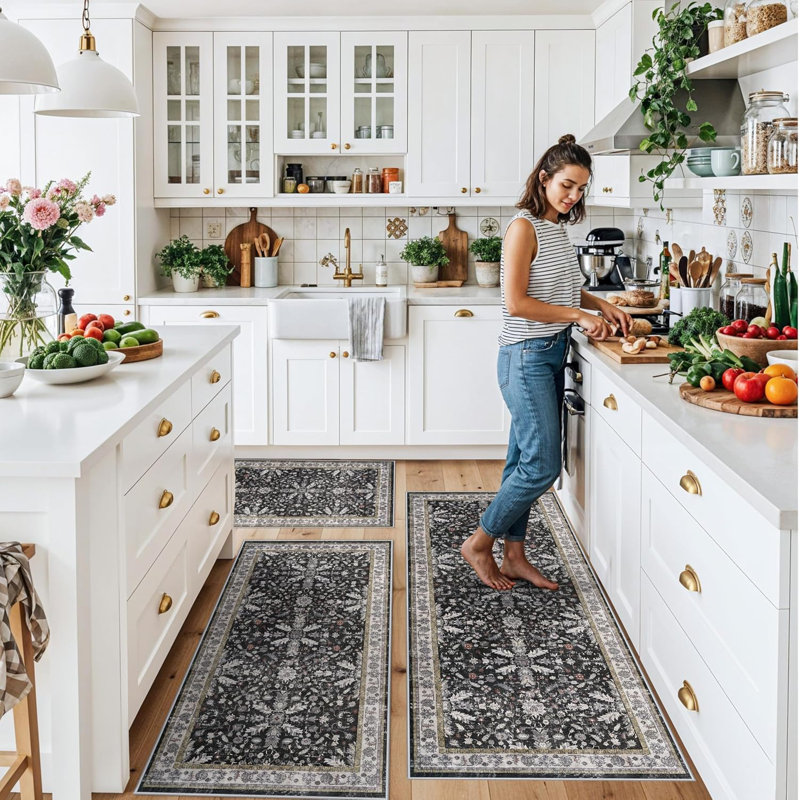 Boho Washable Kitchen Rug Set of 3, Black