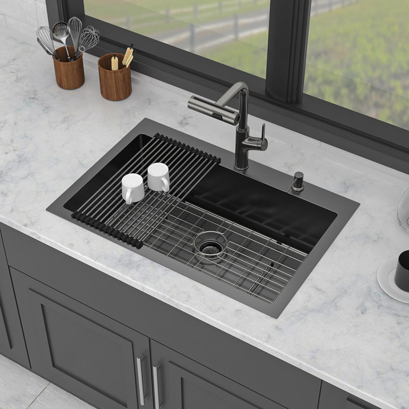 33" Drop-In Gunmetal Black Kitchen Sink With Pull-Out Faucet And Soap Dispenser - 33 X 22 X 10 Inch Single Bowl 16 Gauge Stainless Steel Topmount Kitchen Sink Basin