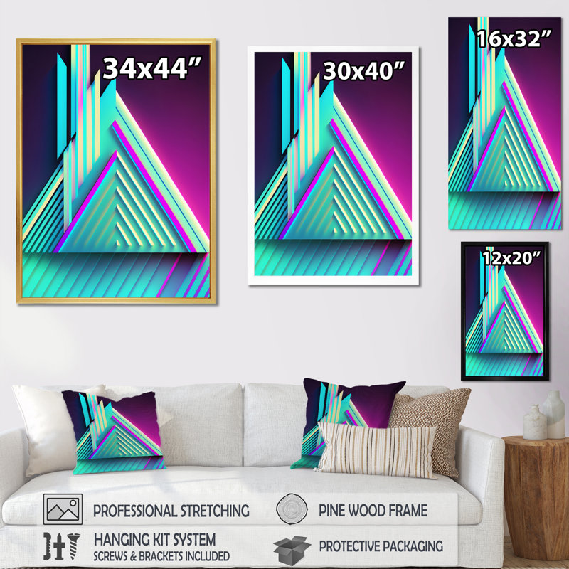 Neon dieu abstrait rétro géométrique - art mural moderne géométrique salon, H 44 po x l 34 po x P 1,5 po, Cadre flottant doré