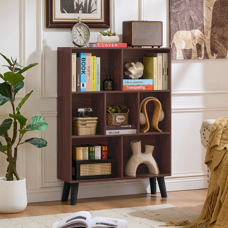 7 Cube Bookshelf, 3 Tier Modern Bookcase With Legs, Wood Cubeicals Organizer Storage Open Shelves, Retro Display Book Shelf, Freestanding Short Book Case For Bedroom,Living Room,Office