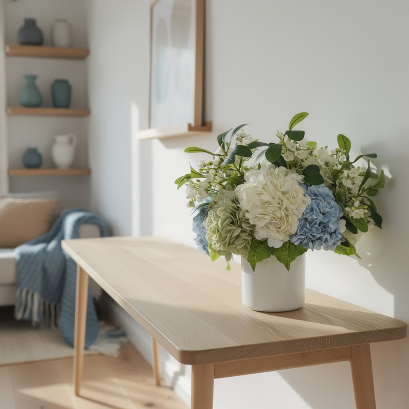 Assortiment d'hortensias et de tiges bourgeonnantes dans un pot en fibre de pierre