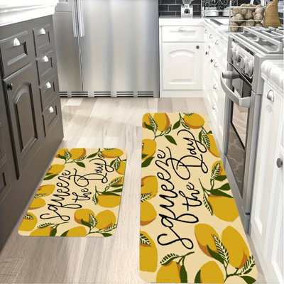 Beige Squeeze The Day Lemon Kitchen Mats,2 Pcs,For Kitchen & Laundry Room