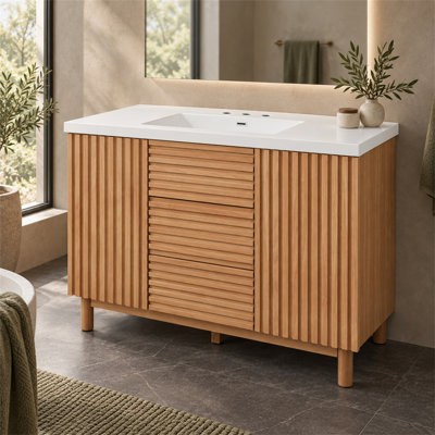 Meuble-lavabo moderne de 120 cm avec lavabo en résine SMC, caisson en MDF avec pieds en bois d'hévéa massif, portes et tiroirs à fermeture amortie, étagères réglables. Meuble de rangement autoportant pour salle de bain.