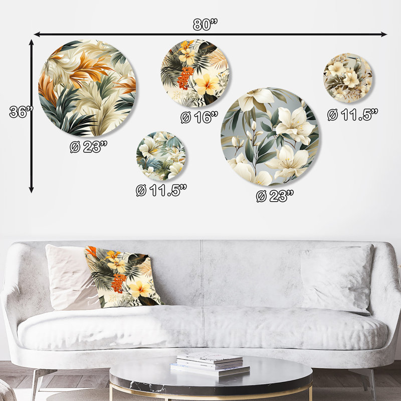 Éléments naturels motif tropical - ensemble d'art mural rond floral tropical de 5