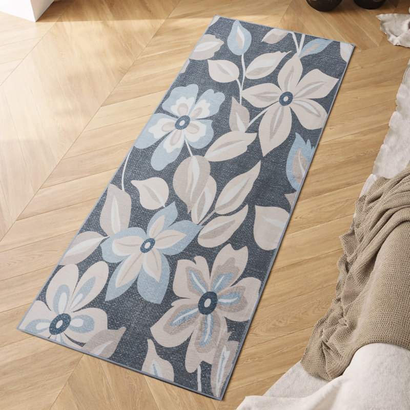 Machine Washable Boho Floral Area Rug Non-Slip Backing Charcoal Blue/Beige Indoor Carpet for Living Room, Bedroom, Hallway Runner