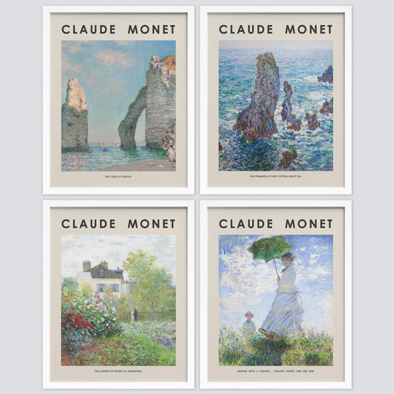 Claude Monet, collage côtier à motif floral encadré sur papier, 4 pièces, Blanc, H 10 po x l 8 po
