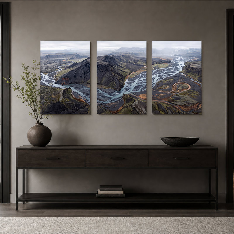 Ensemble de 3 toiles volcaniques foncées et rivières glaciaires tressées, 30"H x 20"W x 3pcs