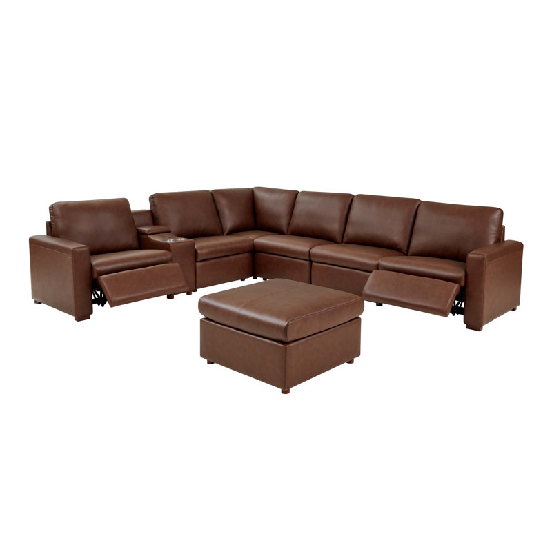 132" W Hudson Recliner Leather-Matched Sectional, Brown Faux Leather