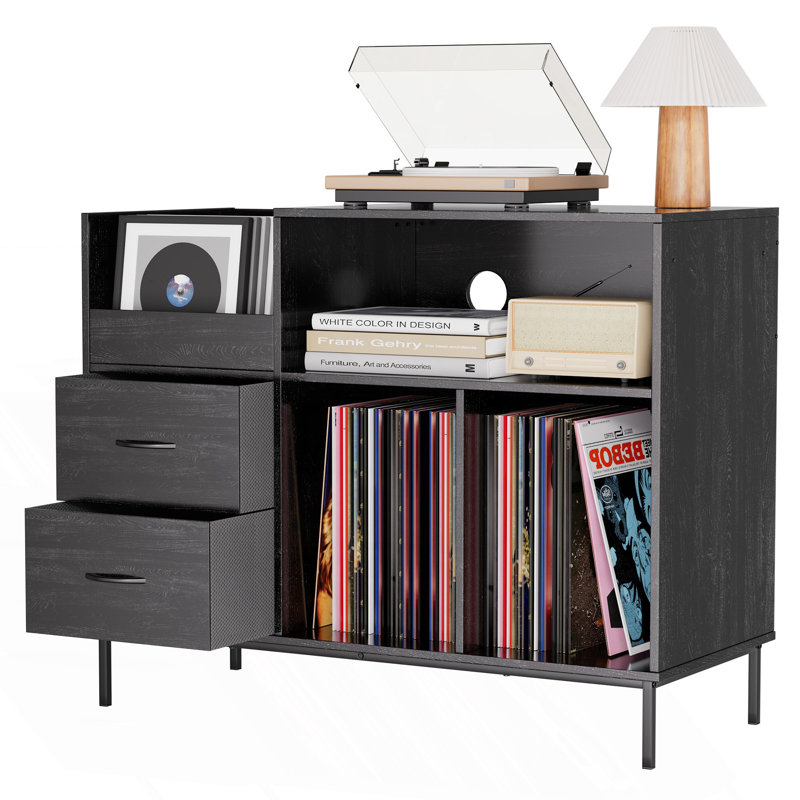 Support de tourne-disque écologique avec couvercle rabattable, armoire de rangement avec multiprise à 2 prises