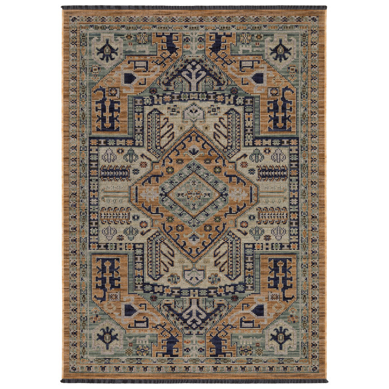 Tapis Tincie Bohemian Medallion, Terre cuite / Bleu, Rectangle 3 pi 3 po x 5 pi