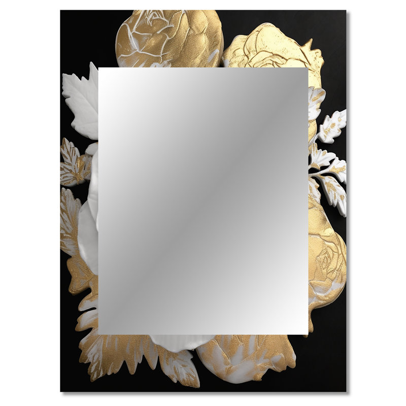 Exquisite White Rose Blooming Floral Gold Glam I - Rose Unique Mirror, Traditional Large Wall Mirror, Printed Metal Art