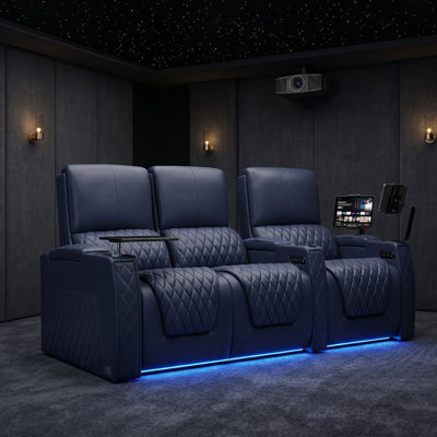 Fauteuil de cinéma maison inclinable électrique en cuir fleur de qualité supérieure avec éclairage ambiant à DEL 7 couleurs, appui-tête réglable, charge USB et porte-gobelets