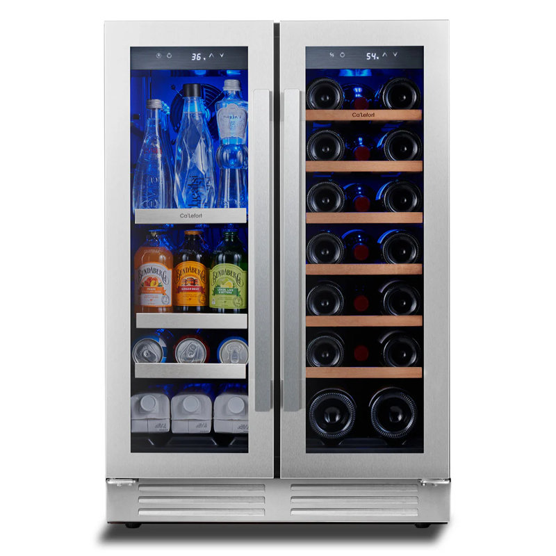 Réfrigérateur à vin et à boissons 24 pouces à deux zones, 21 bouteilles et 60 canettes de vin encastrées ou autoportantes avec porte française, acier inoxydable, verre protégé contre les rayons UV, réfrigérateur à vin à compresseur, réfrigérateur à boissons à 3 lumières DEL et refroidisseur
