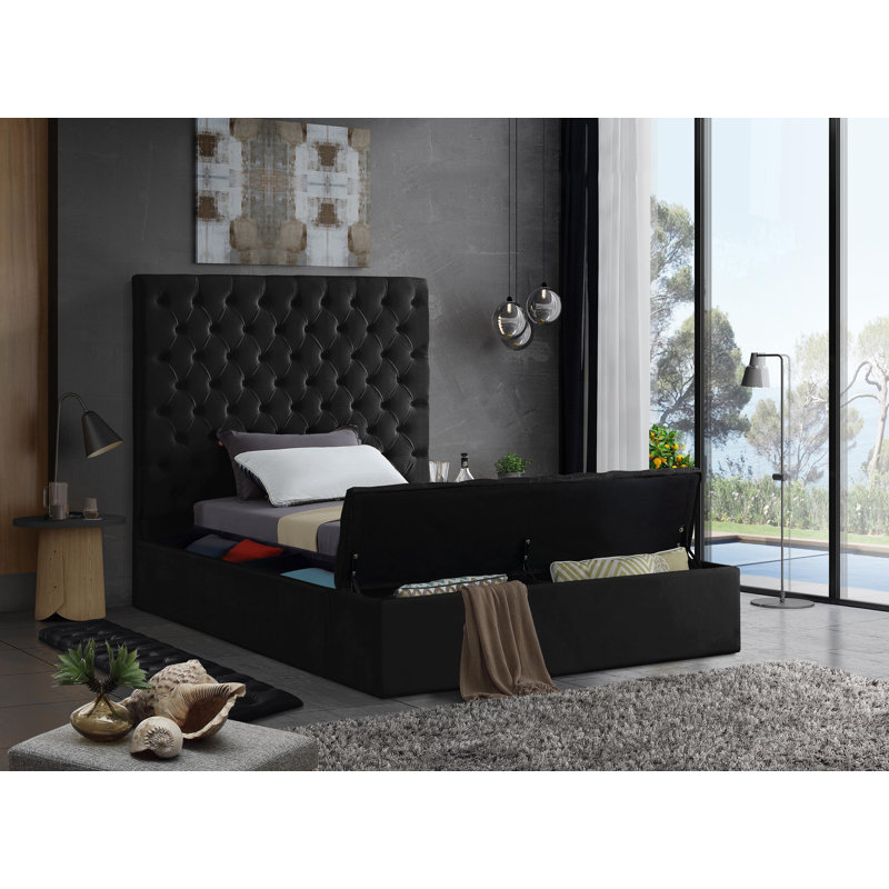 Lit plateforme tapissier avec rangement Johnnay, Velours noir, Simple