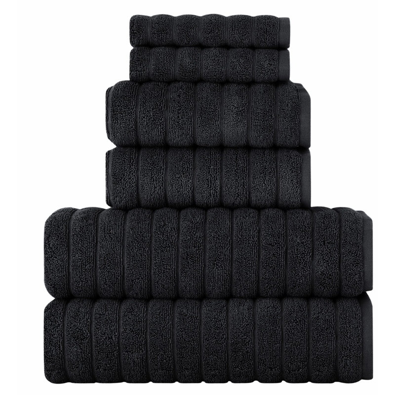 Ultimate Quick-Dry Cotton Towel Set - 6 Piece Luxury Collection: 2 Bath, 2 Hand, 2 Washcloths, Soft & Absorbent, Black
