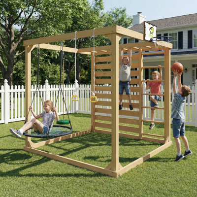 Ensemble de terrain de jeu 8-en-1 en bois de cèdre - aventure dans la cour avec mur d'escalade, balançoires et bac à sable