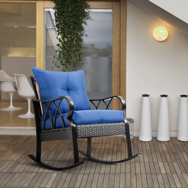 Chaise berçante d'extérieur en osier avec coussins rembourrés, Bleu