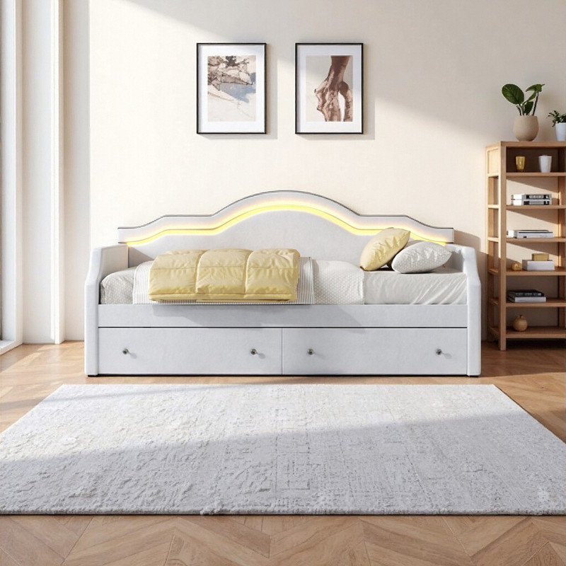 Lit de jour double rembourré avec lumières DEL et lit de jour en velours avec 2 tiroirs de rangement, Complet/Double, Beige