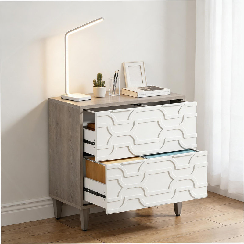 Classeur 2 tiroirs, armoire de rangement spacieuse, Gris / Blanc