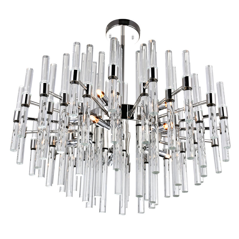 10 Light Chandelier, 26 Inch Modern Ceiling Light Fixture with Polished Nickel Frame & Glass Rods, for Dining Room, Foyer, Bedroom