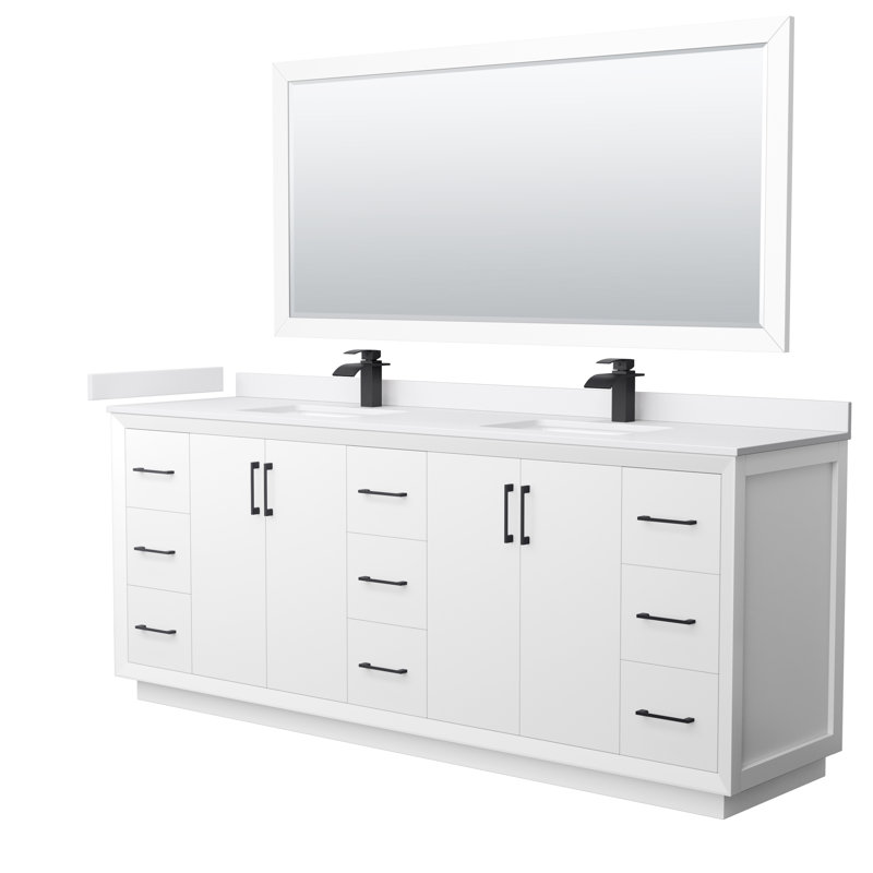 Ensemble de meuble-lavabo double 84 po avec miroir Strada, Noir, noir, noir, noir, Blanc, Blanc