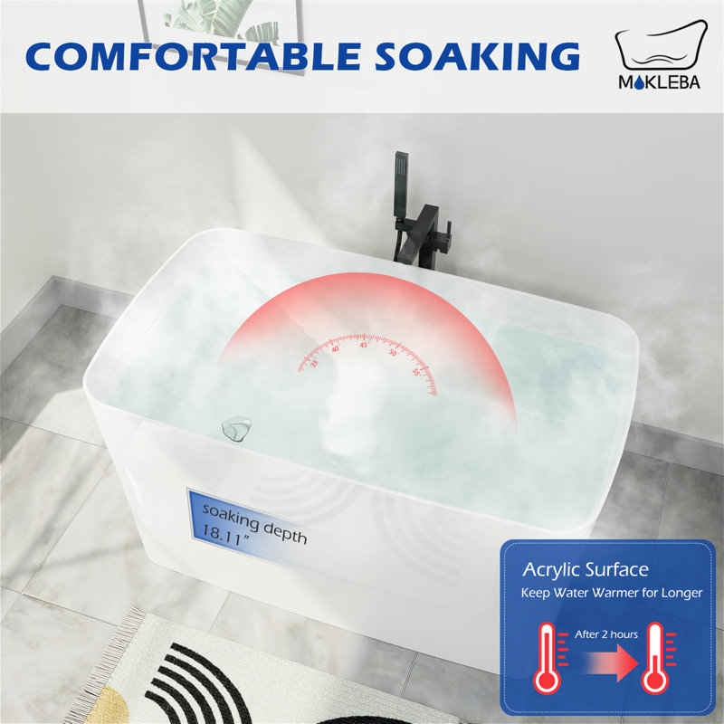46.85'' x 27.3'' Freestanding Rectangular Soaking Small Acrylic Bathtub with Chrome Drain and Overflow, White