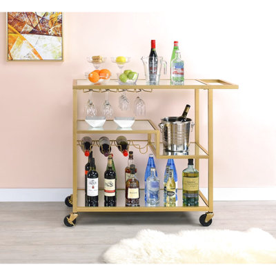 Chariot à finition miroir et champagne pour le service, tablettes supérieures de miroir de 5 mm, cadre en métal, support à vin / verres à pied, roulettes, 3 compartiments ouverts, poids de 70 lb, poids de la tablette de 40 lb avec la verrerie