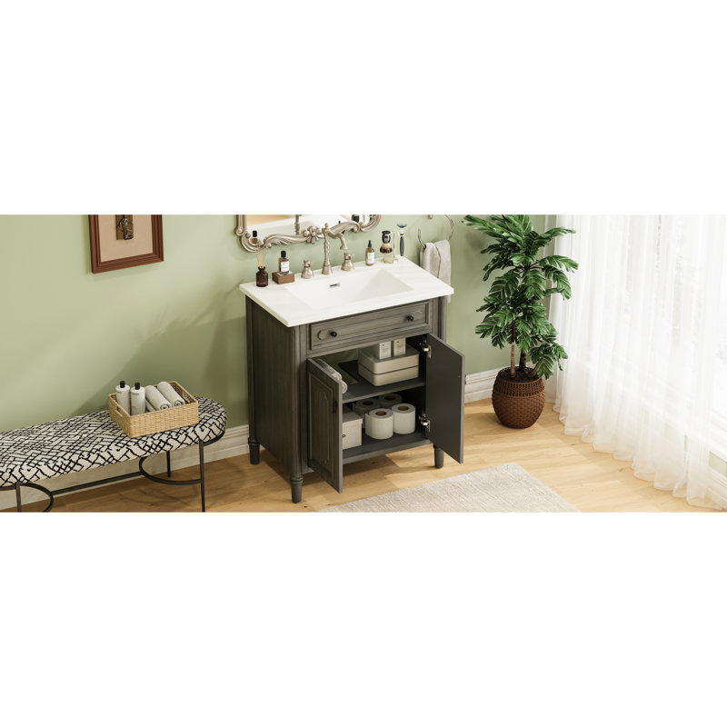 Meuble-lavabo de 31 po de couleur gris antique, avec armoire spacieuse, installation facile et cadre en bois d'hévéa avec lavabo rectangulaire rétro, tablettes réglables, pieds à rainures cylindriques