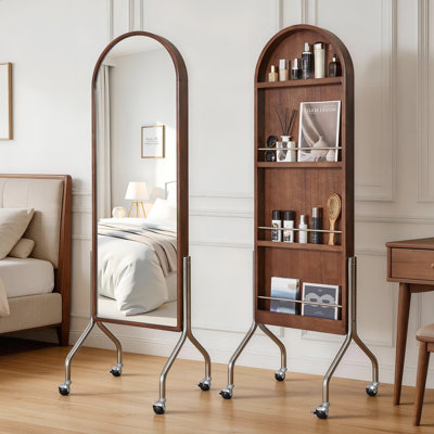 Arched Full Length Mirror With Bookshelf & Storage Shelves — Solid Rubberwood Floor Mirror With Wheels, Freestanding Rolling Mirror With Magazine Rack, 2-In-1 Dressing Mirror & Bookcase For Bedroom Living Room Entryway (Walnut)
