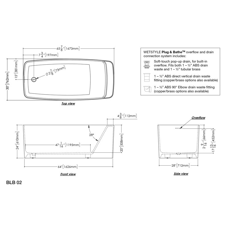 Lab 65.88'' L Soaking Bathtub, Matte White, White/Polished Chrome