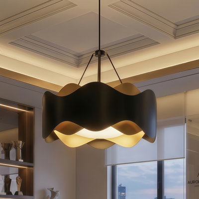 6-Light 24"W Black/Gold Modern Drum Chandelier  With Iron Shade For  Bedroom Or Living Room