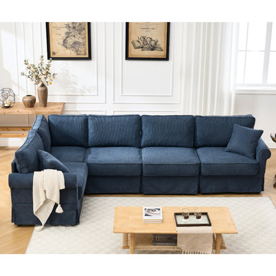 L Shaped Sectional Couch, 5 Convertible With Dark Blue Upholstery And Pocket Spring Reversible Foam Back Support