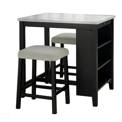 Ensemble de salle à manger transitionnel 3 pièces avec table brillante, tablettes de rangement et tabourets Boucle confortables pour les salles à manger modernes