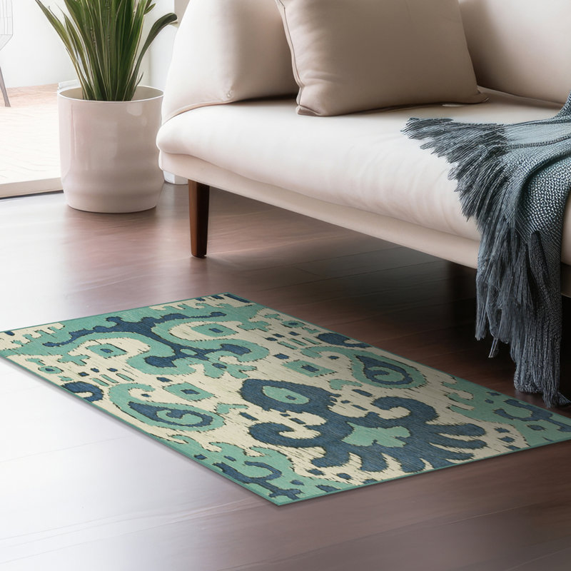 Ochre Ikat Steel Blue Performance Flatweave Washable Oriental Indoor / Outdoor Rug, Rectangle 3' x 5'