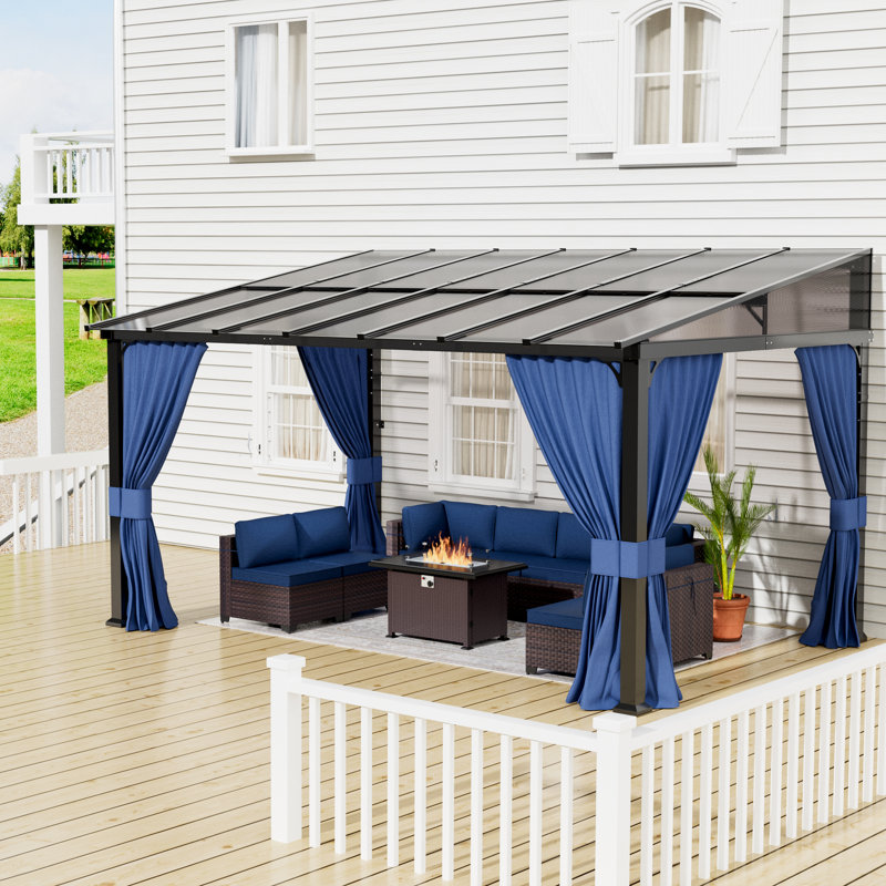 Pavillon de jardin à toit rigide de 10 pi x 14 pi avec toit incliné en polycarbonate, structure en fer robuste, rideaux d'intimité et filet
