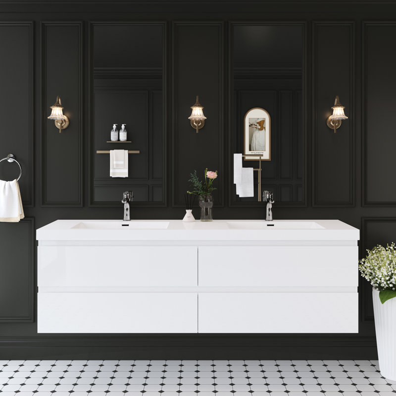 Meuble-lavabo flottant 72 po avec lavabo 72 po, blanc brillant, rangement moderne, lavabo à surface solide, 4 tiroirs à fermeture en douceur, comptoir en résine, assemblage facile, bois, armoire à cosmétiques