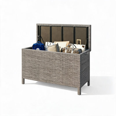 120 Gallon Waterproof Outdoor Deck Box – Large PE Rattan Storage Chest with Lockable Lid & Gas Strut – All-Weather Resin Storage Bench for Patio Cushions, Garden Tools, Pool Supplies – Gray Wicker