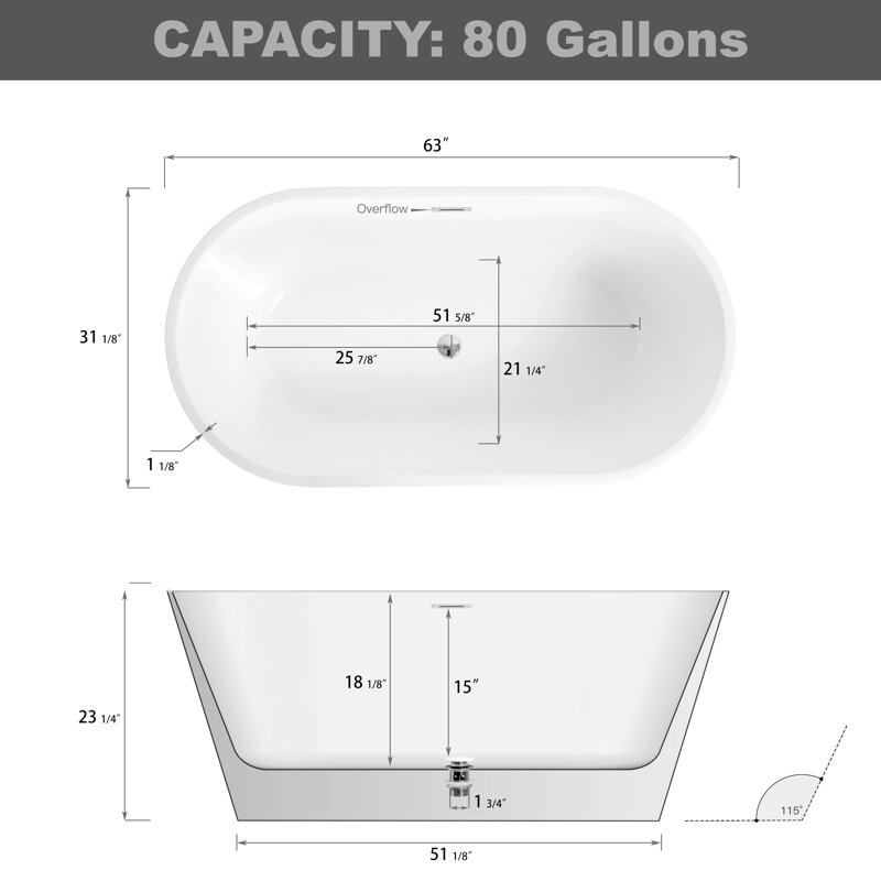 63'' x 31.1'' Freestanding Soaking Acrylic Bathtub