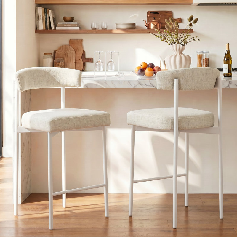 Beige Modern Bar Stools Set of 2, 24 Inch Counter Stools with Curved Backrest, Counter Height Bar Stools for Kitchen Island